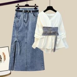 Kawaii Asian Fashion V-neck Shirt Denim Skirt Set ON237