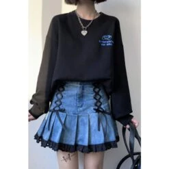 Kawaii Black Lace Blue Denim Skirt ON102 -EgrilDoll Fashion Outlet Store kawaii black lace blue denim skirt on102 362