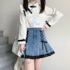 Kawaii Black Lace Blue Denim Skirt ON102 -EgrilDoll Fashion Outlet Store kawaii black lace blue denim skirt on102 972