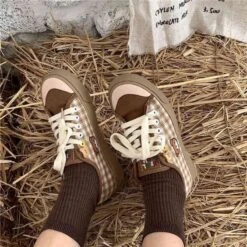 Kawaii Brown Flat Cute Bear Plaid Shoes FY0015 -EgrilDoll Fashion Outlet Store kawaii brown flat cute bear plaid shoes fy0015 416