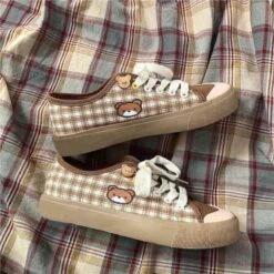 Kawaii Brown Flat Cute Bear Plaid Shoes FY0015