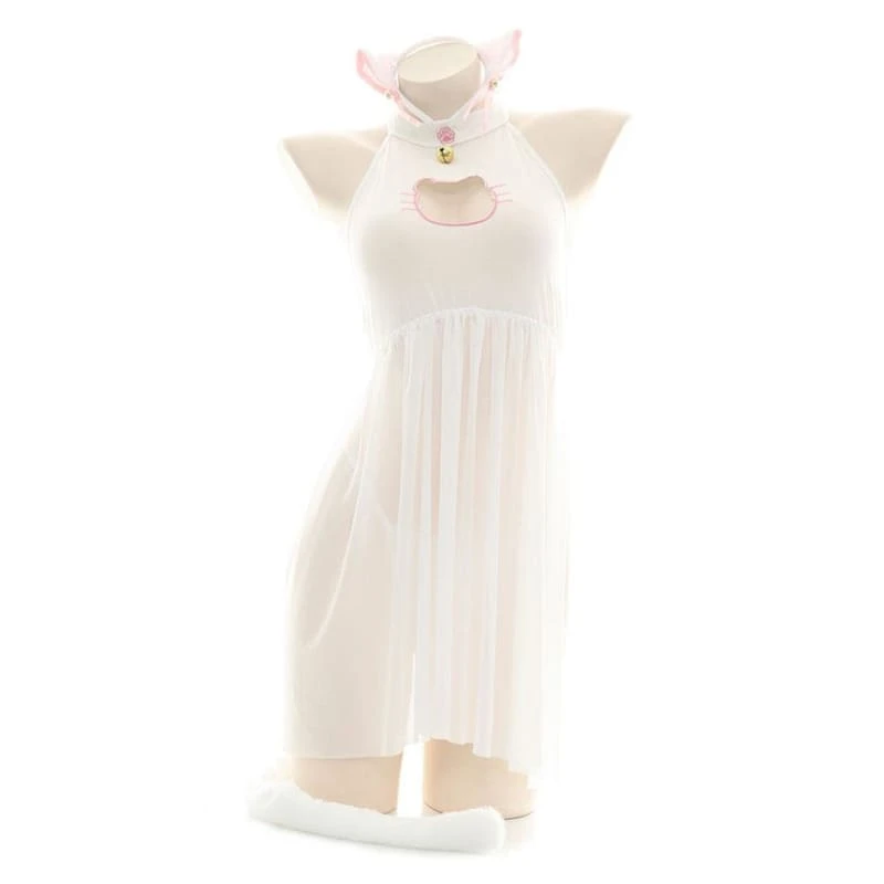 Kawaii Cat Girl Translucent Pajama Open Chest Nightdress With Ears And Tail Set EG392 4 Kawaii Cat Girl Translucent Pajama Open Chest Nightdress With Ears And Tail Set EG392 - Image 4