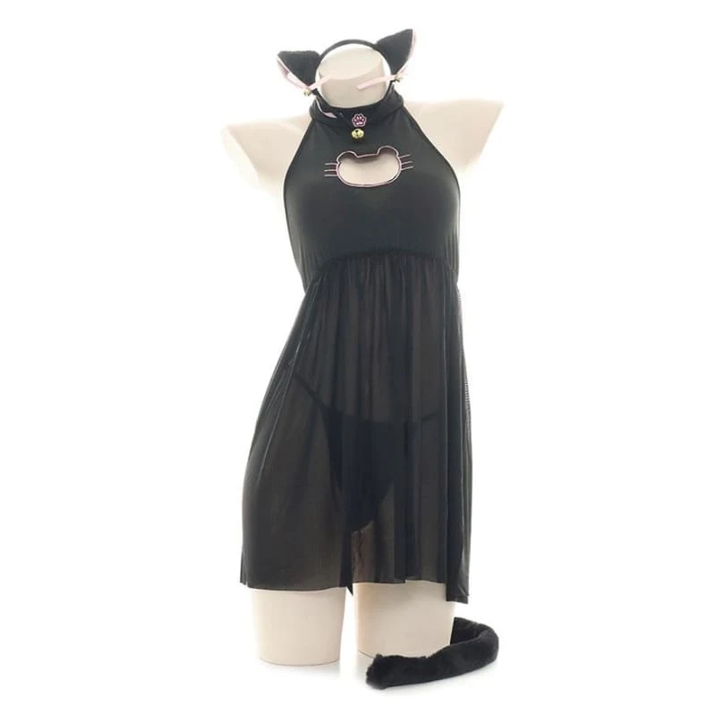 Kawaii Cat Girl Translucent Pajama Open Chest Nightdress With Ears And Tail Set EG392 1 Kawaii Cat Girl Translucent Pajama Open Chest Nightdress With Ears And Tail Set EG392