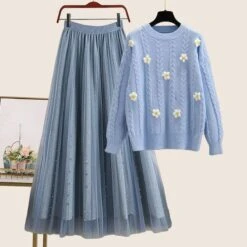 Kawaii Flowers Pastel Sweater Tulle Skirt Set ON242