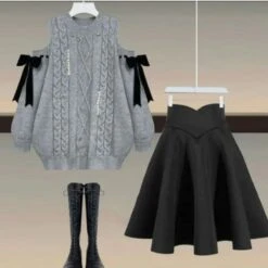 Kawaii Grey Open Shoulders Sweater And Black Skirt Set EG578