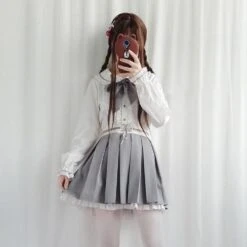 Kawaii Lolita Gray Coat +Gothic Blouse And Skirt Set Suit EG15098 -EgrilDoll Fashion Outlet Store kawaii lolita gray coat gothic blouse and skirt set suit eg15098 blouseskirt s suits 629