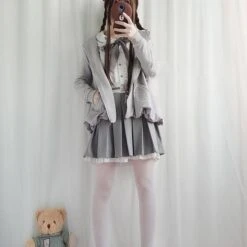 Kawaii Lolita Gray Coat +Gothic Blouse And Skirt Set Suit EG15098 -EgrilDoll Fashion Outlet Store kawaii lolita gray coat gothic blouse and skirt set suit eg15098 suits 617