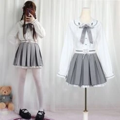 Kawaii Lolita Gray Coat +Gothic Blouse And Skirt Set Suit EG15098 -EgrilDoll Fashion Outlet Store kawaii lolita gray coat gothic blouse and skirt set suit eg15098 suits 745