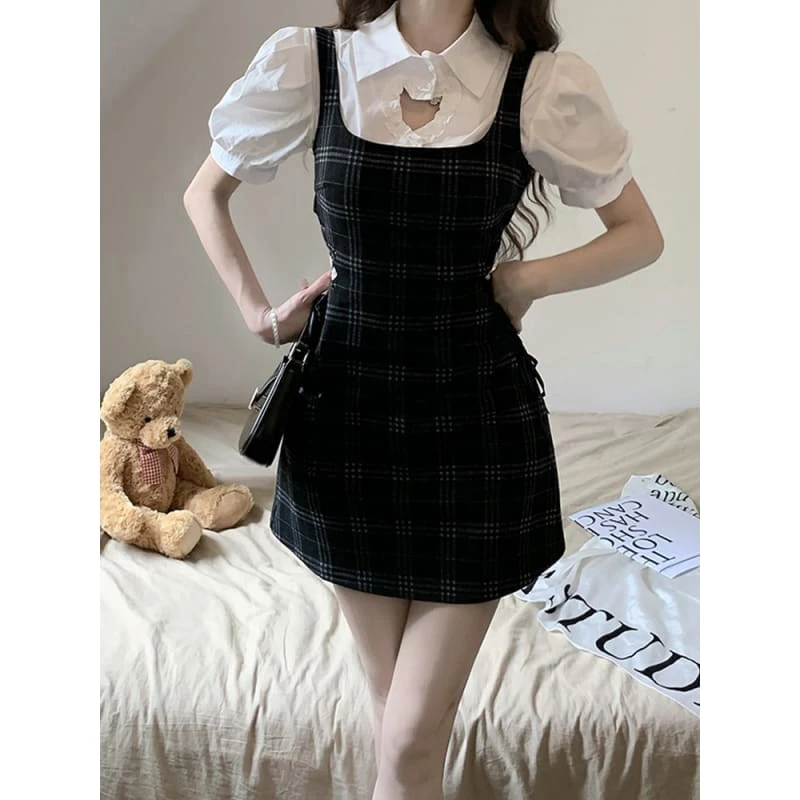 Kawaii Love Heart Hollow Out T-shirt Side Lace Up Plaid Dress ON15 1 Kawaii Love Heart Hollow Out T-shirt Side Lace Up Plaid Dress ON15