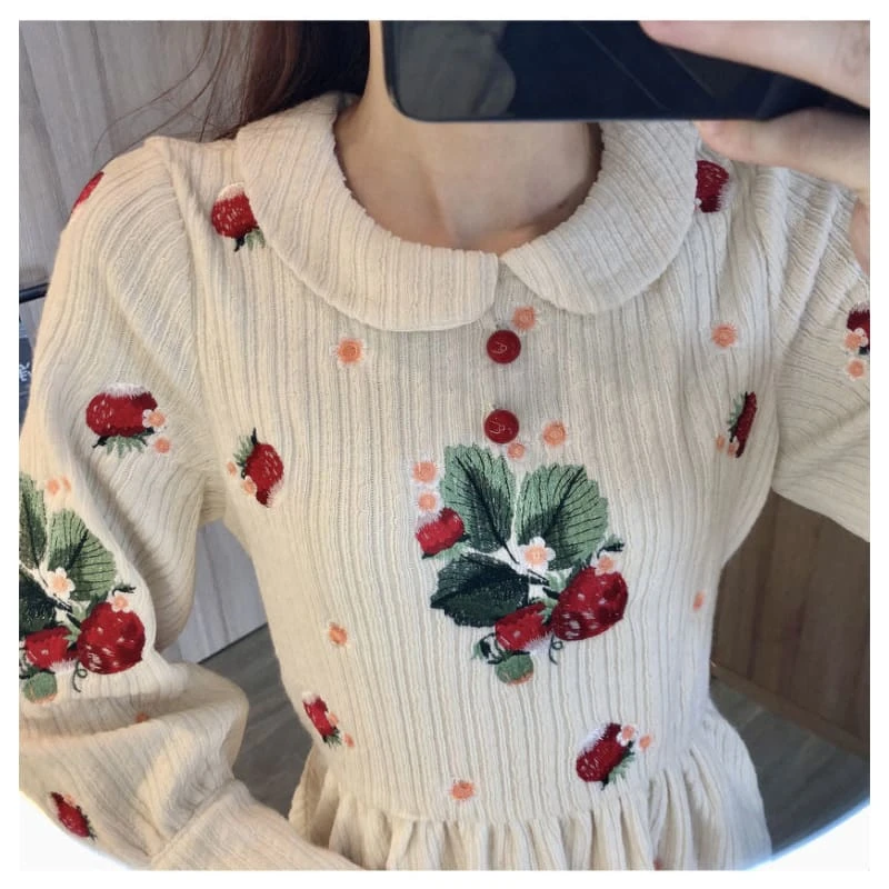Kawaii Peter Pan Collar Flowers Embroidery Fairy Knitted Dress EG17078 3 Kawaii Peter Pan Collar Flowers Embroidery Fairy Knitted Dress EG17078 - Image 3