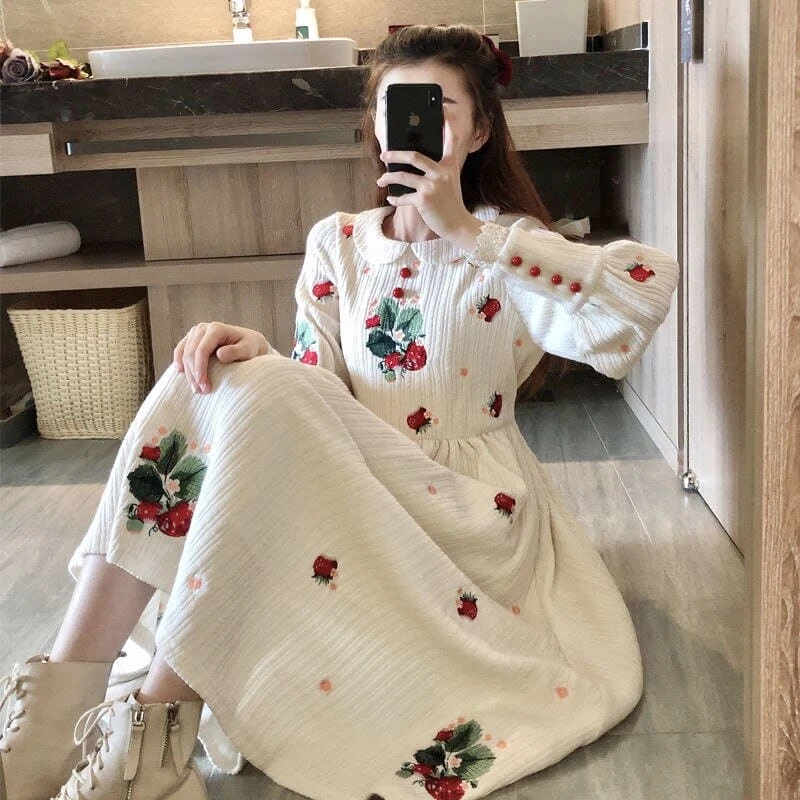 Kawaii Peter Pan Collar Flowers Embroidery Fairy Knitted Dress EG17078 1 Kawaii Peter Pan Collar Flowers Embroidery Fairy Knitted Dress EG17078