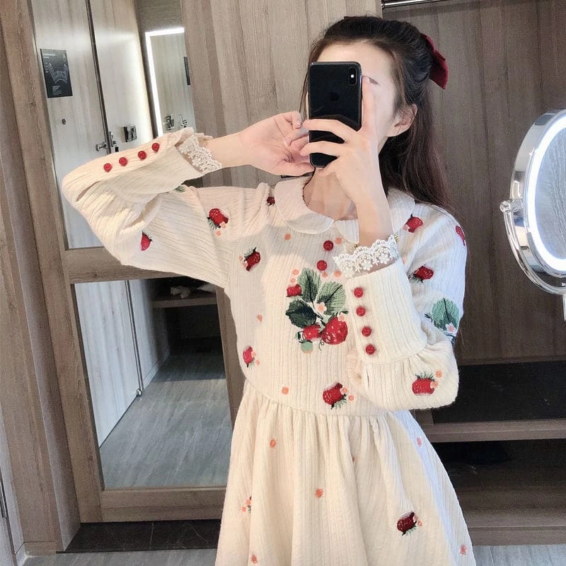 Kawaii Peter Pan Collar Flowers Embroidery Fairy Knitted Dress EG17078 2 Kawaii Peter Pan Collar Flowers Embroidery Fairy Knitted Dress EG17078 - Image 2