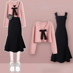 Kawaii Pink Sweater And Slip Black Dress ON312