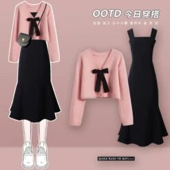 Kawaii Pink Sweater And Slip Black Dress ON312 -EgrilDoll Fashion Outlet Store kawaii pink sweater and slip black dress on312 cardigan s 528