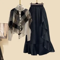Kawaii Shawl Sweater Pleated Skirt Two Pieces Set ON238 -EgrilDoll Fashion Outlet Store kawaii shawl sweater pleated skirt two pieces set on238 black s 110