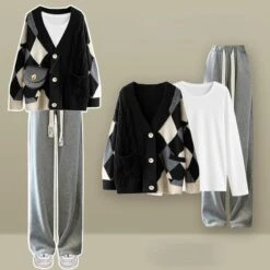 Kawaii Winter Cardigan Sweater Long Sleeve T-shirt Pants Three Piece Set ON248 -EgrilDoll Fashion Outlet Store kawaii winter cardigan sweater long sleeve t shirt pants three piece set on248 black coat 937