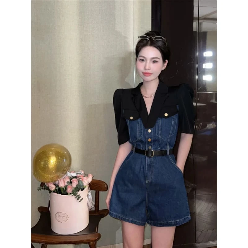 Kfashion Casual Denim Blue Black Overalls Shorts ON12 5 Kfashion Casual Denim Blue Black Overalls Shorts ON12 - Image 5