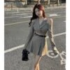 Kfashion Hollow Shoulder Blazer And Pleated Skirt Set ON129
