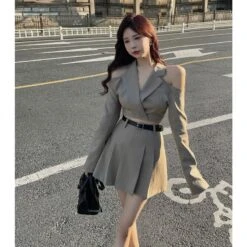 Kfashion Hollow Shoulder Blazer And Pleated Skirt Set ON129