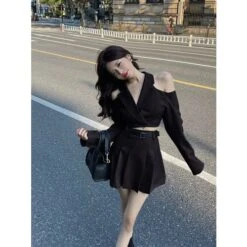 Kfashion Hollow Shoulder Blazer And Pleated Skirt Set ON129 -EgrilDoll Fashion Outlet Store kfashion hollow shoulder blazer and pleated skirt set on129 black s 796