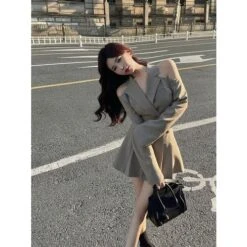 Kfashion Hollow Shoulder Blazer And Pleated Skirt Set ON129 -EgrilDoll Fashion Outlet Store kfashion hollow shoulder blazer and pleated skirt set on129 khaki s 129