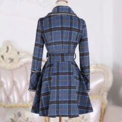 Korean Blue Plaid Woolen Coat Medium Long Windbreaker EG16775 -EgrilDoll Fashion Outlet Store korean blue plaid woolen coat medium long windbreaker eg16775 114