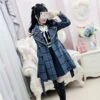Korean Blue Plaid Woolen Coat Medium Long Windbreaker EG16775