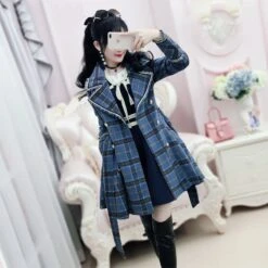 Korean Blue Plaid Woolen Coat Medium Long Windbreaker EG16775
