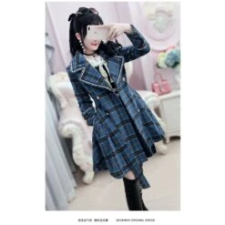 Korean Blue Plaid Woolen Coat Medium Long Windbreaker EG16775 -EgrilDoll Fashion Outlet Store korean blue plaid woolen coat medium long windbreaker eg16775 347