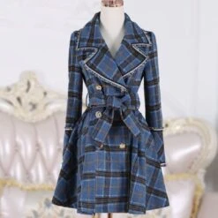 Korean Blue Plaid Woolen Coat Medium Long Windbreaker EG16775 -EgrilDoll Fashion Outlet Store korean blue plaid woolen coat medium long windbreaker eg16775 816