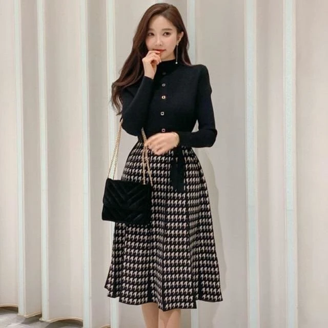 Korean Elegant Knitted Plaid Long Sleeve Lace-up Bow Pleated Dress EG16323 3 Korean Elegant Knitted Plaid Long Sleeve Lace-up Bow Pleated Dress EG16323 - Image 3