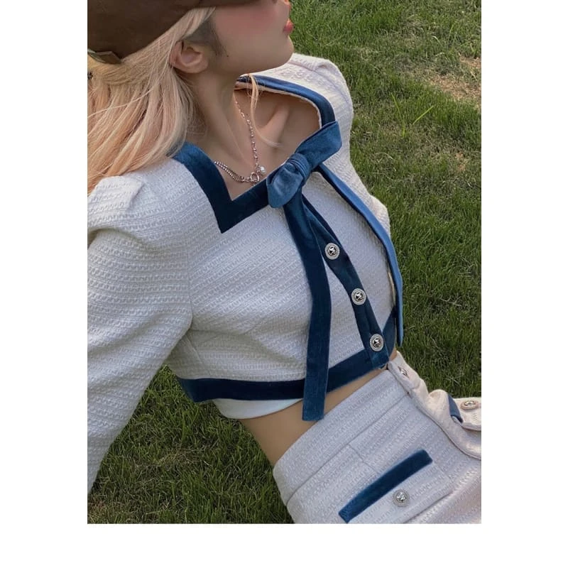 Korean Elegant White Long Sleeve Bow Two-Piece Mini Skirt Set EG17307 3 Korean Elegant White Long Sleeve Bow Two-Piece Mini Skirt Set EG17307 - Image 3