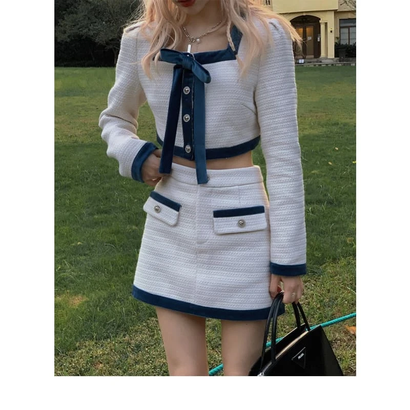 Korean Elegant White Long Sleeve Bow Two-Piece Mini Skirt Set EG17307 5 Korean Elegant White Long Sleeve Bow Two-Piece Mini Skirt Set EG17307 - Image 5