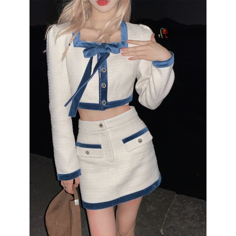 Korean Elegant White Long Sleeve Bow Two-Piece Mini Skirt Set EG17307 2 Korean Elegant White Long Sleeve Bow Two-Piece Mini Skirt Set EG17307 - Image 2