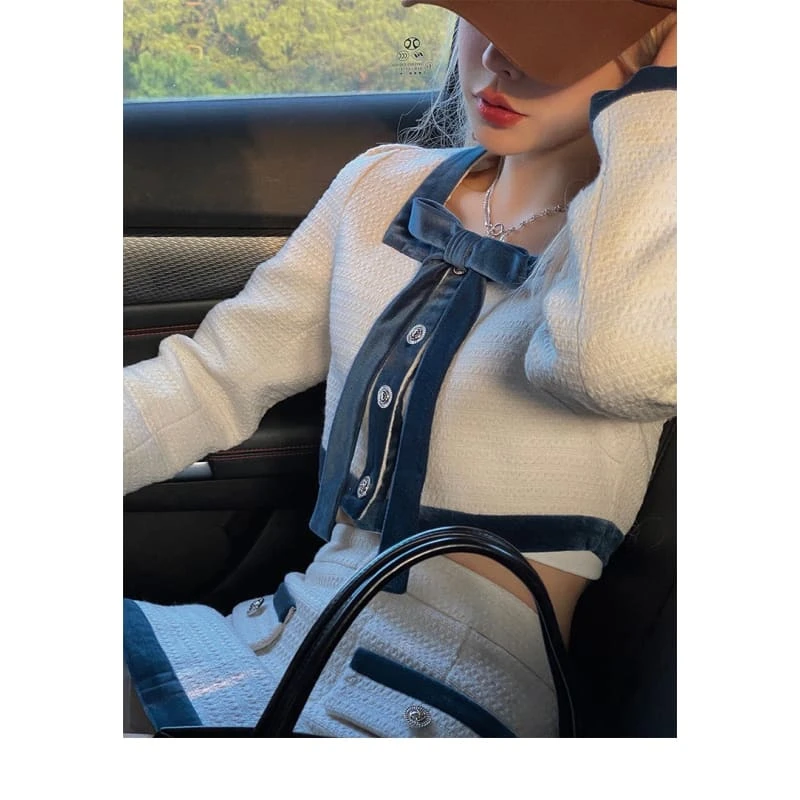 Korean Elegant White Long Sleeve Bow Two-Piece Mini Skirt Set EG17307 4 Korean Elegant White Long Sleeve Bow Two-Piece Mini Skirt Set EG17307 - Image 4