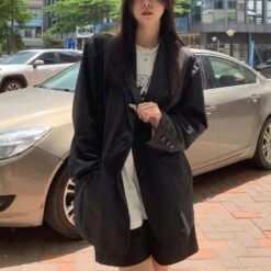 Korean Fashion Black Loose Blazer & Black Shorts TK020