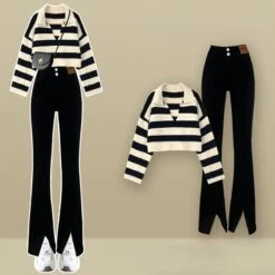 Korean Fashion Stripes Sweater Casual Pants Two Pieces Set ON250