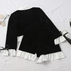 Korean Ruffled Black White Blouse&High Waist Pants Suits BE142 9 Korean Ruffled Black White Blouse&High Waist Pants Suits BE142 -EgrilDoll Fashion Outlet Store korean ruffled black white blousehigh waist pants suits be142 400