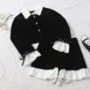 Korean Ruffled Black White Blouse&High Waist Pants Suits BE142
