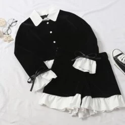 Korean Ruffled Black White Blouse&High Waist Pants Suits BE142