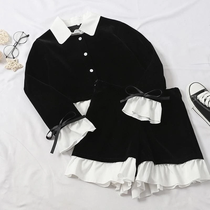 Korean Ruffled Black White Blouse&High Waist Pants Suits BE142 1 Korean Ruffled Black White Blouse&High Waist Pants Suits BE142