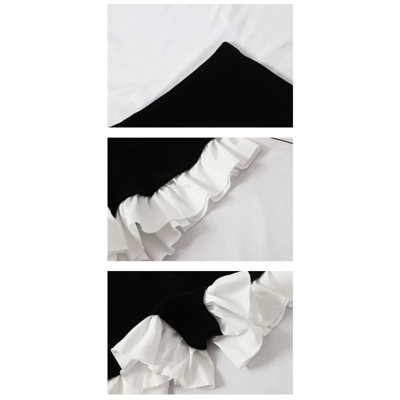 Korean Ruffled Black White Blouse&High Waist Pants Suits BE142 5 Korean Ruffled Black White Blouse&High Waist Pants Suits BE142 - Image 5