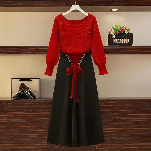 Korean Two-piece Square Neck Sweater High Waist Skirt Set EG16730 6 Korean Two-piece Square Neck Sweater High Waist Skirt Set EG16730 - Image 6
