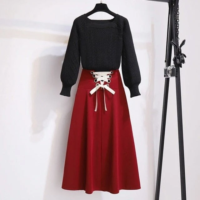 Korean Two-piece Square Neck Sweater High Waist Skirt Set EG16730 3 Korean Two-piece Square Neck Sweater High Waist Skirt Set EG16730 - Image 3