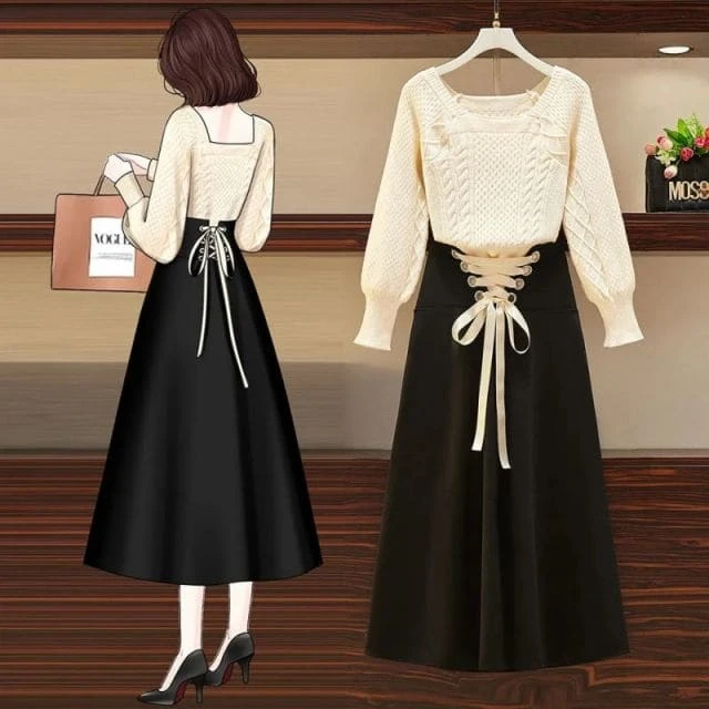 Korean Two-piece Square Neck Sweater High Waist Skirt Set EG16730 2 Korean Two-piece Square Neck Sweater High Waist Skirt Set EG16730 - Image 2