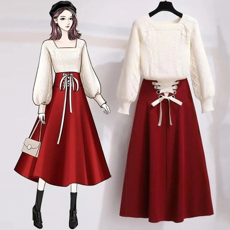 Korean Two-piece Square Neck Sweater High Waist Skirt Set EG16730 1 Korean Two-piece Square Neck Sweater High Waist Skirt Set EG16730