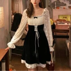 Korean Vintage Kawaii Lace Slim Elegant Retro Black Fairy Dress BE146 -EgrilDoll Fashion Outlet Store korean vintage kawaii lace slim elegant retro black fairy dress be146 321