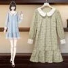 L-4XL Plus Size Blue/Green Hollow Out Lace Ruffle Sweet Dress BE382