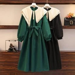 L-4XL Plus Size Green Black Double Collar Lantern Long Sleeve Dress EG16877