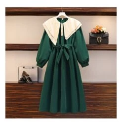 L-4XL Plus Size Green Black Double Collar Lantern Long Sleeve Dress EG16877 -EgrilDoll Fashion Outlet Store l 4xl plus size green black double collar lantern long sleeve dress eg16877 388